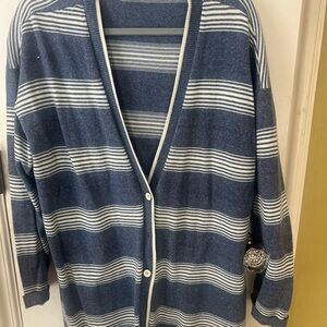 Blue and white womens long sweater